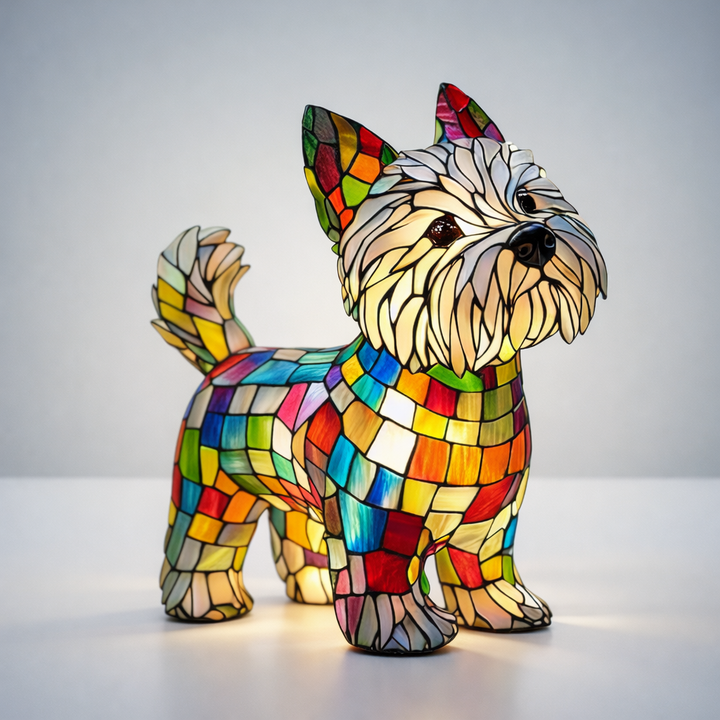 Whimsical stained glass dog table lamp. LED night light brings a decorative & playful touch to home decor.