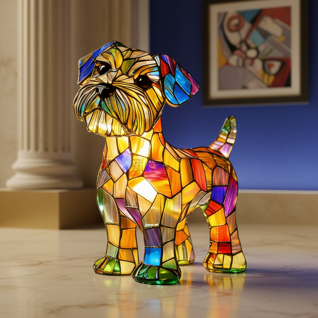 Close-up of vibrant stained glass dog LED night light. Detailed resin table lamp for unique home decor.