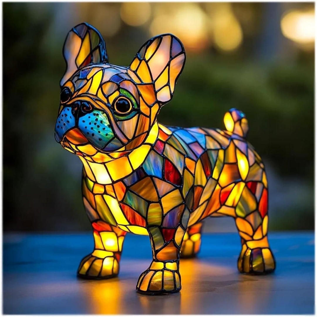 Glowing stained glass dog LED night light. This charming table lamp adds warm ambiance to home decor.