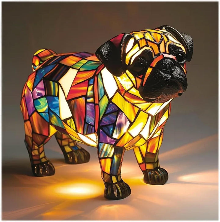 Artistic stained glass dog LED table lamp. Unique night light design enhances any animal-themed home decor.