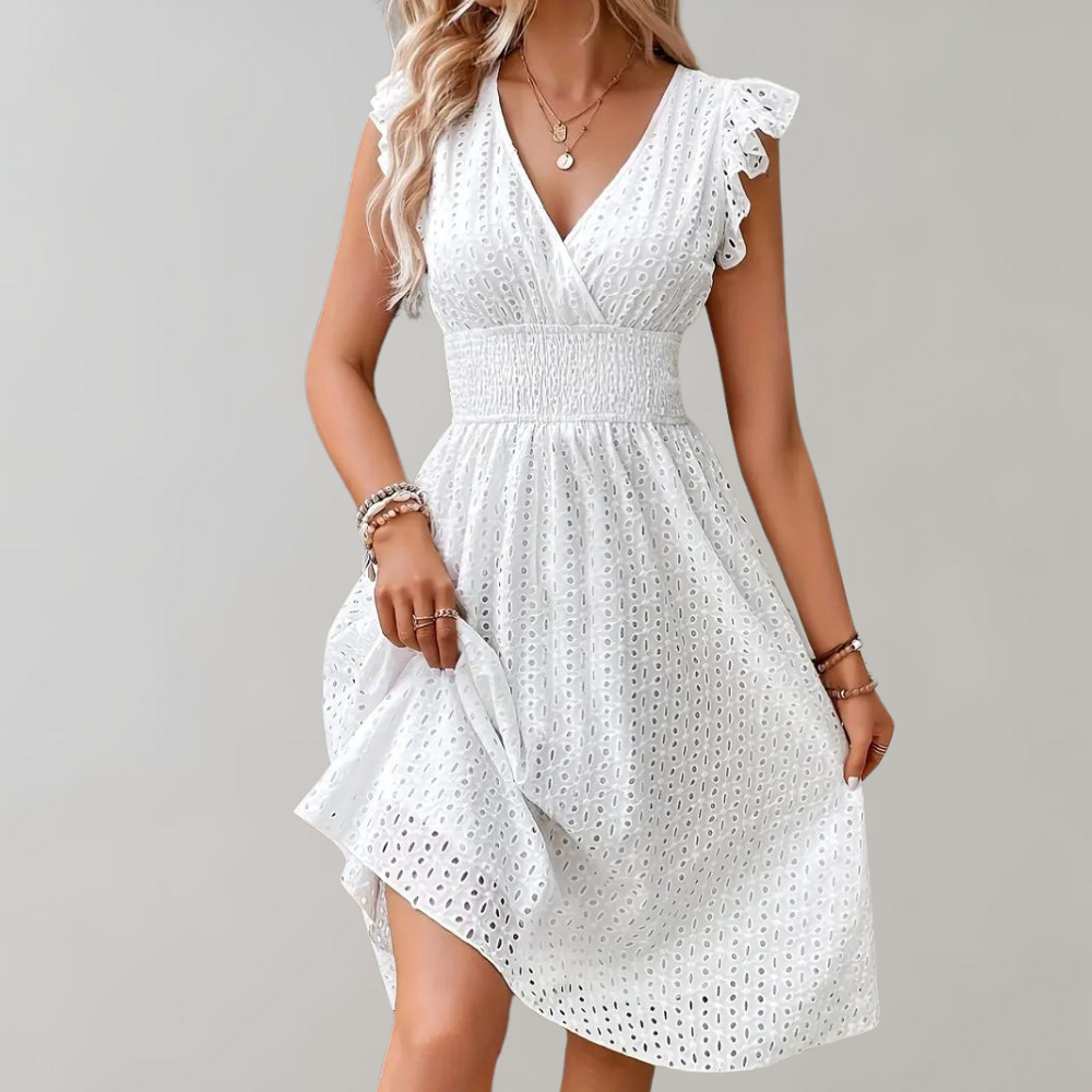 Elegant white summer midi dress for women, with delicate ruffled sleeves, suitable for warm weather fashion.
