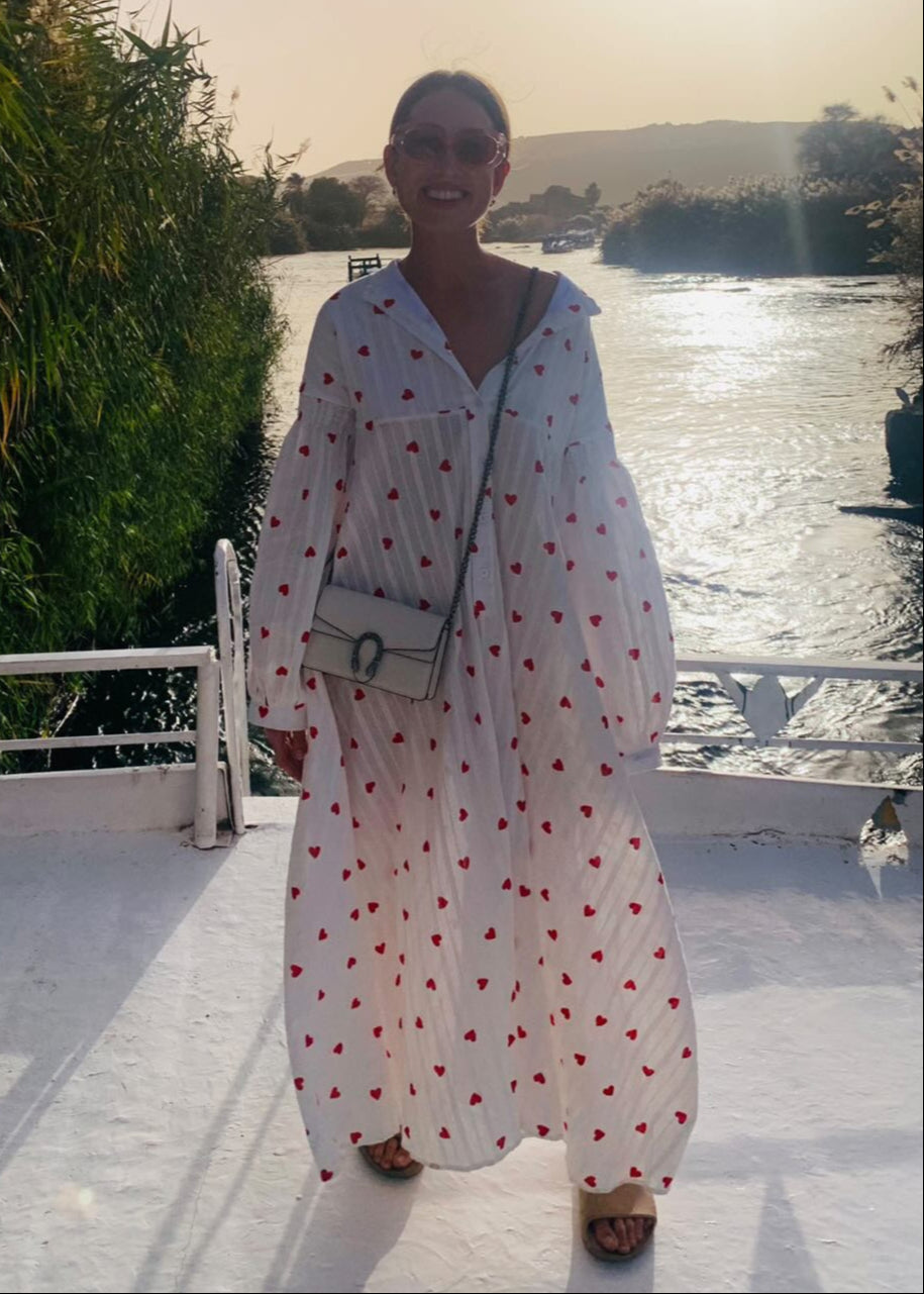 Casual boho white oversized shirt dress with delicate heart embroidery & romantic balloon sleeves.