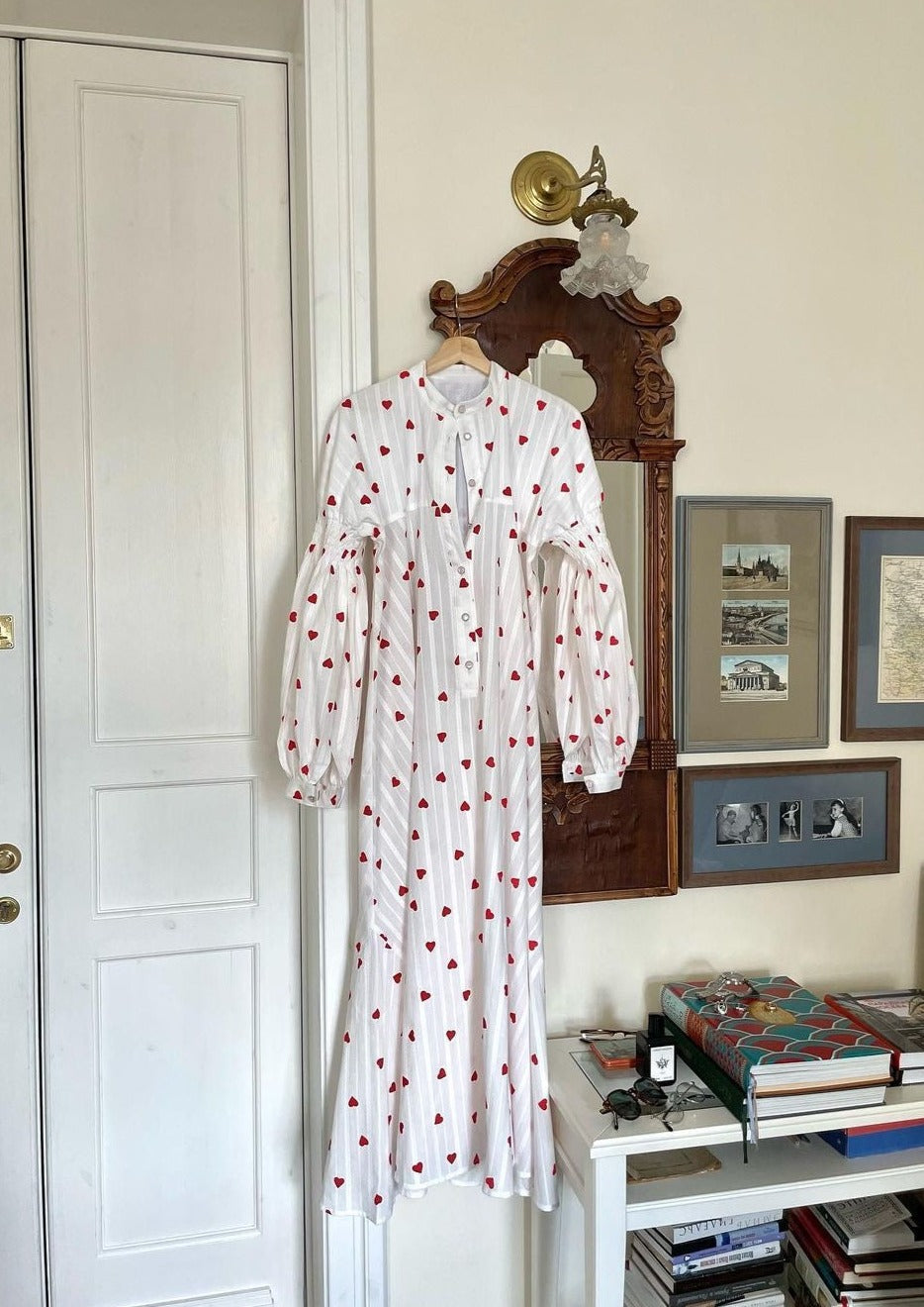 Summer white maxi dress: women's oversized shirt style with embroidered hearts & elegant balloon sleeves.