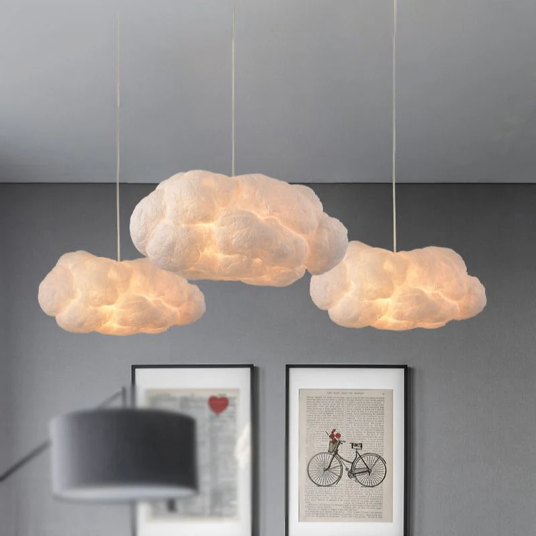 White PVC/Cotton cloud LED pendant light, modern ceiling fixture for ambient home decor lighting.