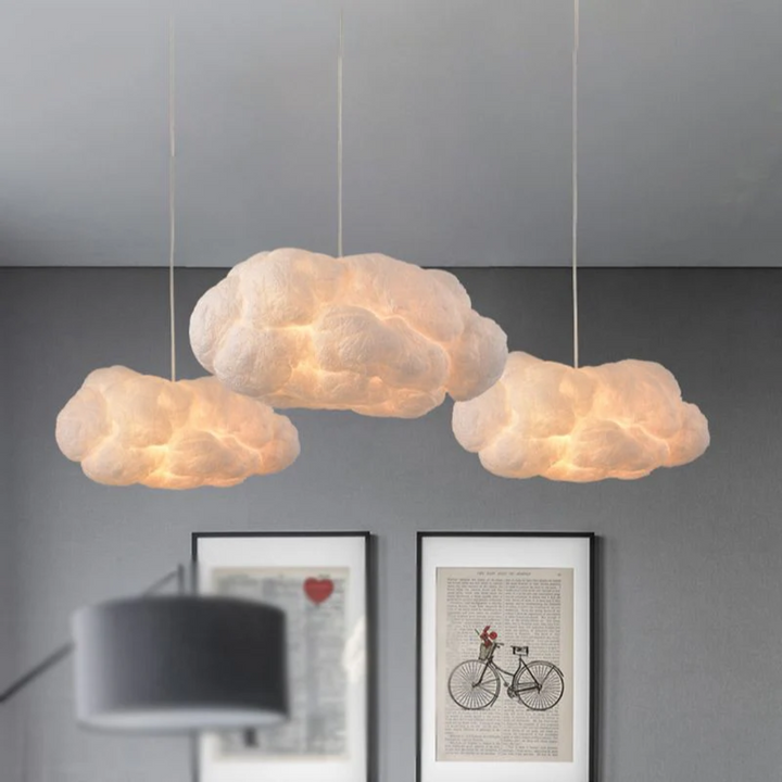 White PVC/Cotton cloud LED pendant light, modern ceiling fixture for ambient home decor lighting.