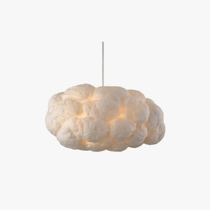 Nimbus cloud LED pendant, white PVC/cotton shade, modern design for living room and bedroom lighting.