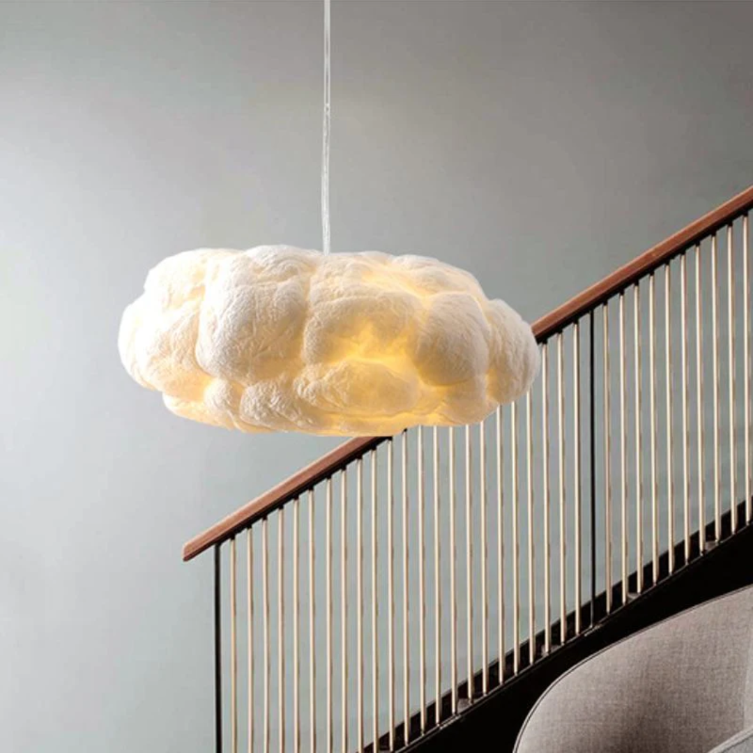 Elegant cloud LED pendant light, white PVC/cotton, perfect modern ceiling fixture for bedroom ambiance.