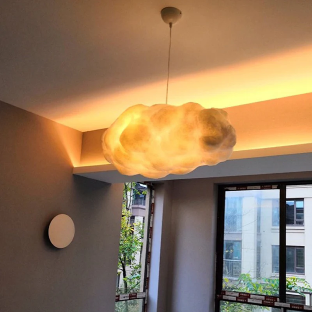 Fluffy white cloud LED pendant lamp, soft ambient light, modern PVC/cotton ceiling fixture decor.