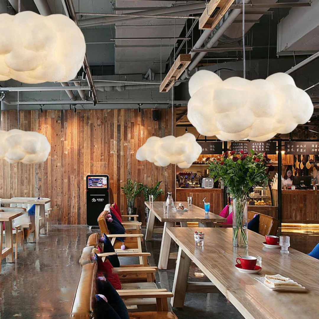 Unique cloud LED pendant lamp, white PVC/cotton, modern design ceiling light for chic home decor.