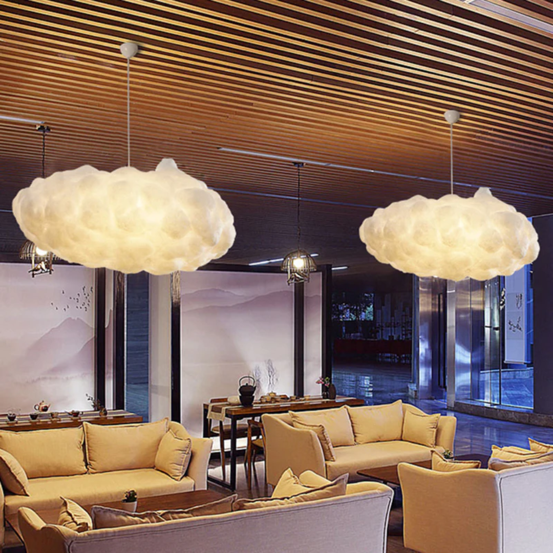 Stylish white cloud LED pendant light, PVC/cotton shade, modern ceiling fixture for bedroom or living room.