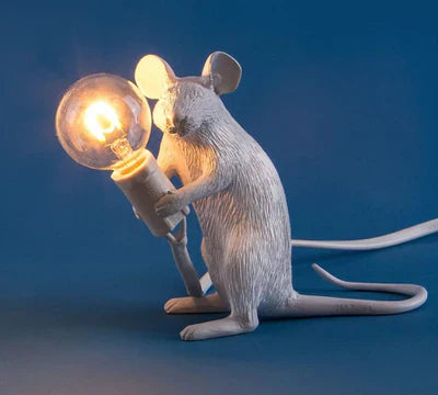 White & gold resin mouse lamp, a whimsical SqueakLight table lamp perfect for novelty decor.