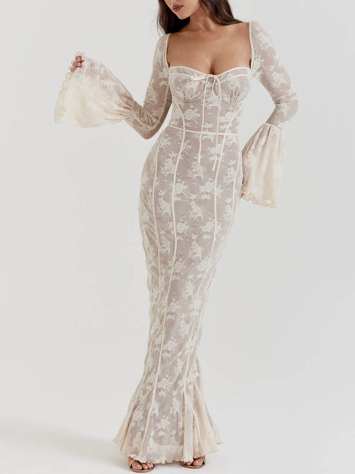 Romantic white maxi dress for women, detailed with a sculpted bodice & fluted long sleeves, ideal for evening wear.