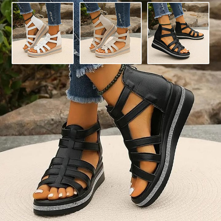 Group shot: white, beige, and black strappy platform sandals, women's summer footwear
