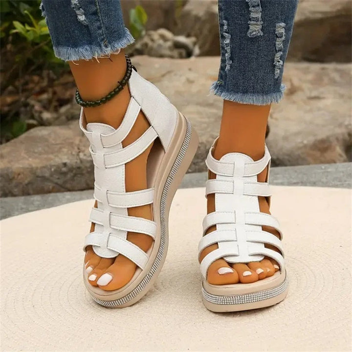 Beige strappy platform sandals, women's comfortable heels with secure ankle strap