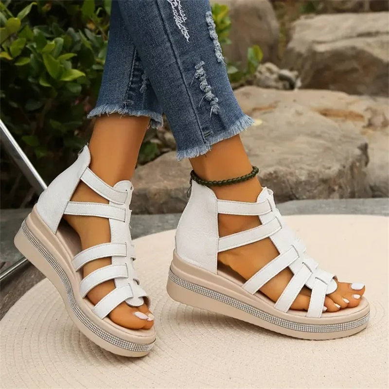 Black strappy platform sandals, stylish women's footwear with ankle support