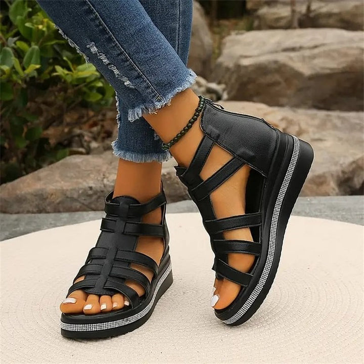 Black strappy platform sandals, offering both style and comfortable ankle support