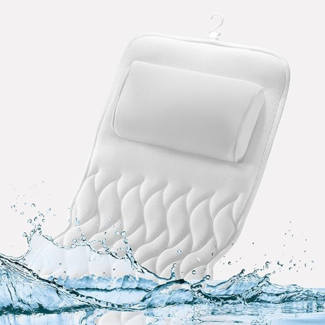 Plush white full body bath pillow with suction cups, offering complete support for luxurious bathtub relaxation & home spa comfort.