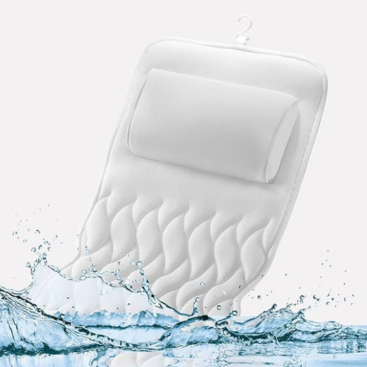 Plush white full body bath pillow with suction cups, offering complete support for luxurious bathtub relaxation & home spa comfort.