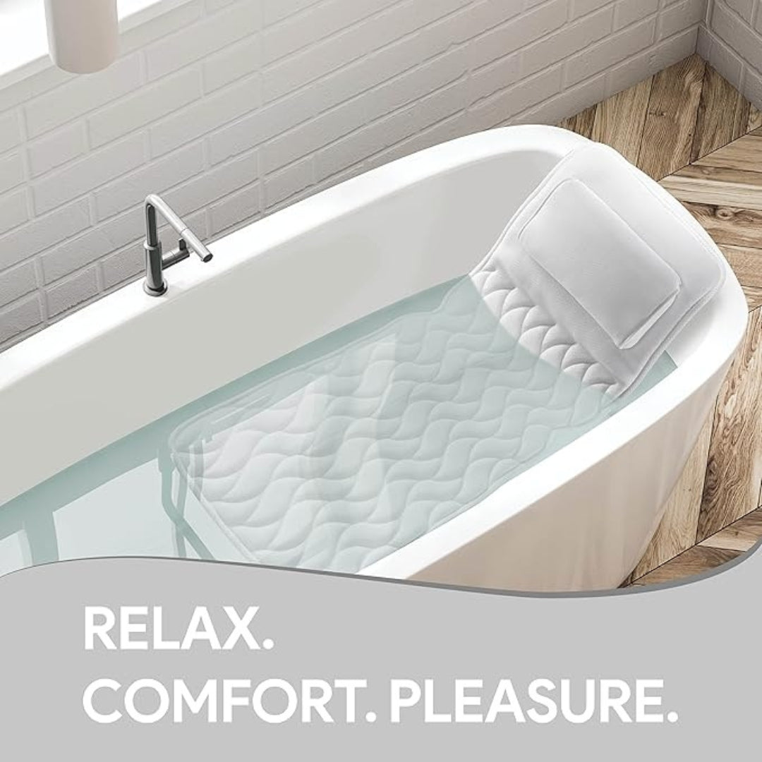 Washable mesh full body bathtub cushion for adults. White ergonomic design ensures ultimate relaxation with secure suction cups.