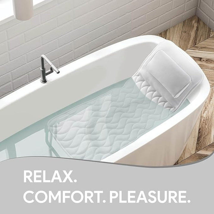 Washable mesh full body bathtub cushion for adults. White ergonomic design ensures ultimate relaxation with secure suction cups.