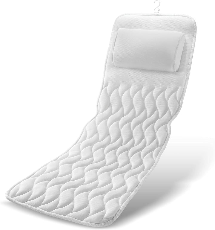 Supportive unisex full body bathtub pillow. White washable mesh cushion with suction cups for secure, relaxing spa comfort in bath.