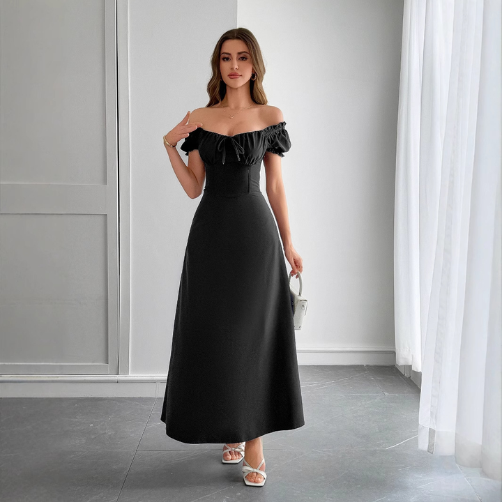White women's puff sleeve square neck maxi dress. Elegant summer fashion, versatile for casual or event wear.