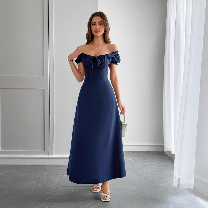 Stylish white women's puff sleeve square neck maxi dress. A versatile elegant dress for summer & special events.