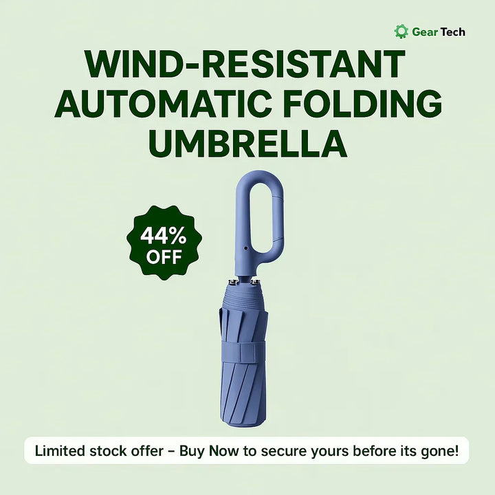 "Windproof automatic folding umbrella with reflective strip, featuring 10-rib construction, reverse folding, and carabiner ha