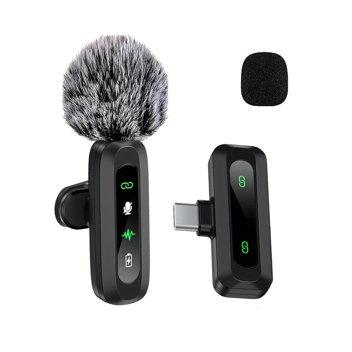 Wireless lavalier microphone for crystal clear audio recording on smartphones, podcasts & vlogs.