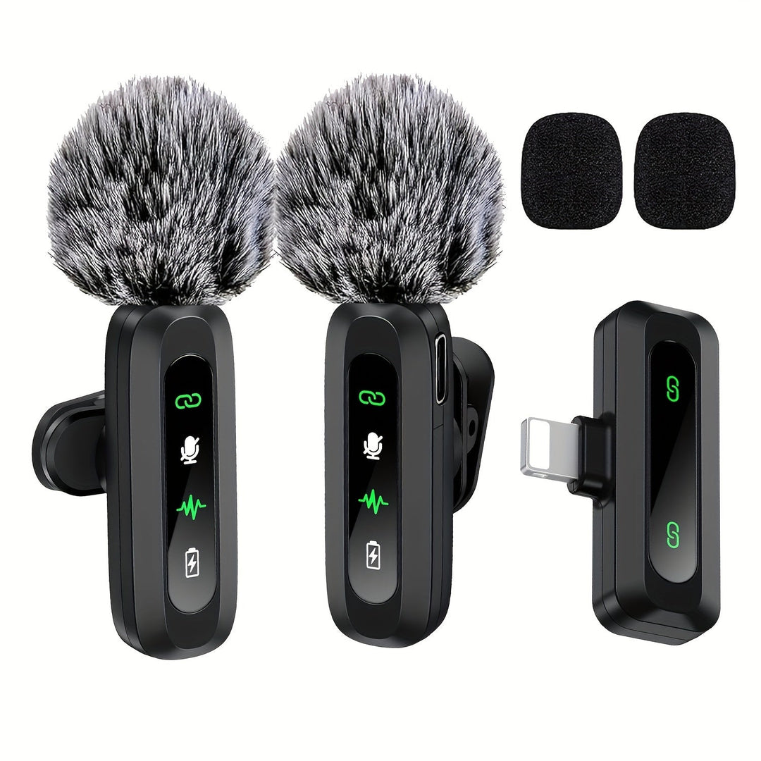 Portable wireless lavalier microphone with USB-C & iPhone compatibility for content creators.