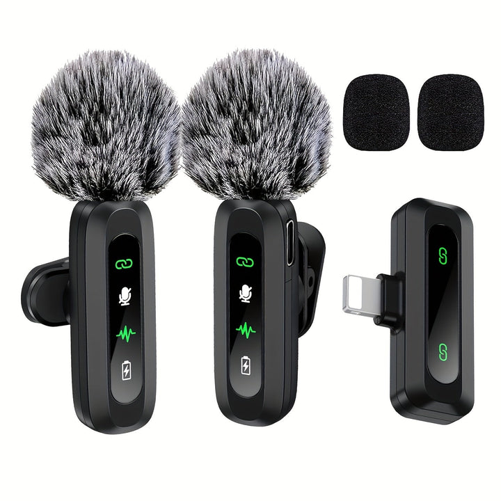 Portable wireless lavalier microphone with USB-C & iPhone compatibility for content creators.