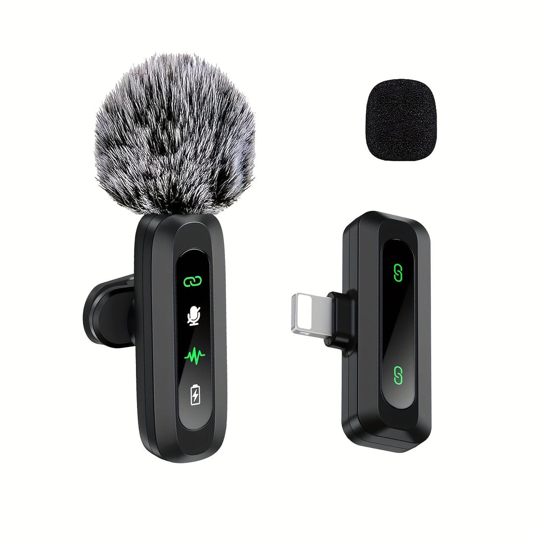 USB-C & Lightning compatible wireless lavalier mic for versatile smartphone audio recording.