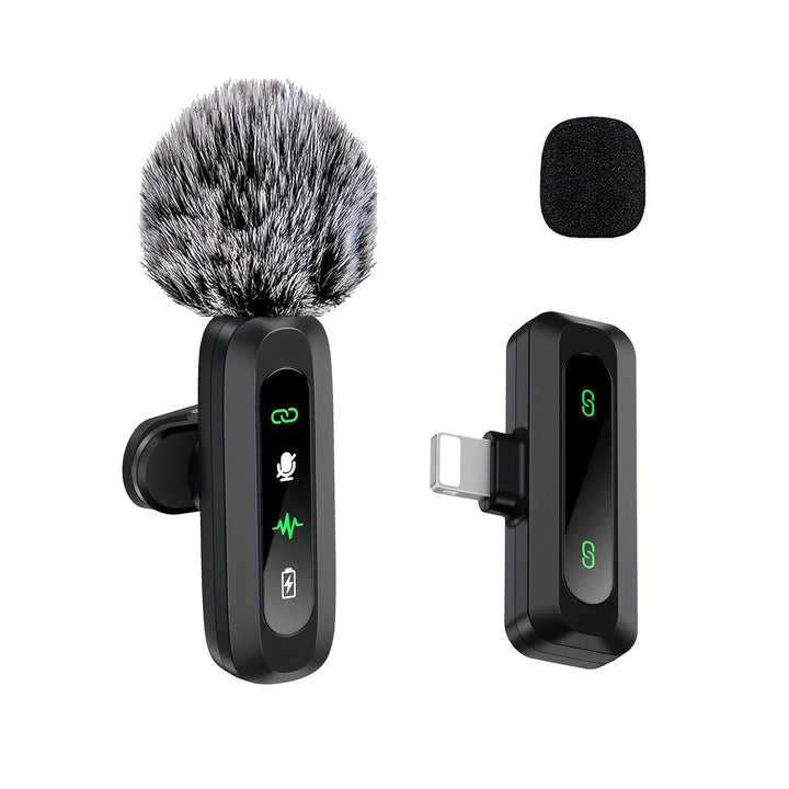 USB-C & Lightning compatible wireless lavalier mic for versatile smartphone audio recording.
