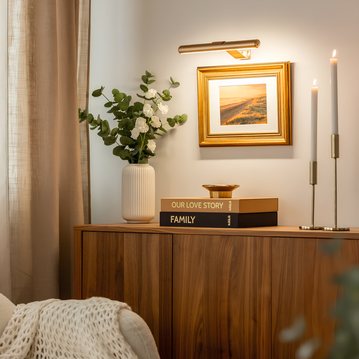 Showcase lighting with wireless LED accent, portable & rechargeable for display.