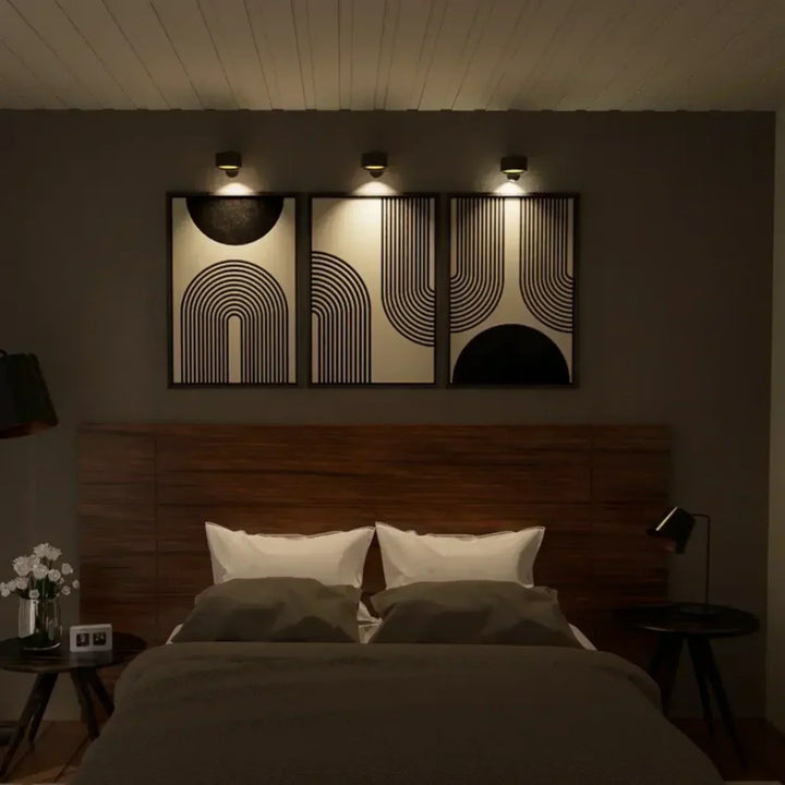 Wireless LED wall light, stick-on, black and white, cordless, for indoor and outdoor use, emits warm white glow, energy-effic