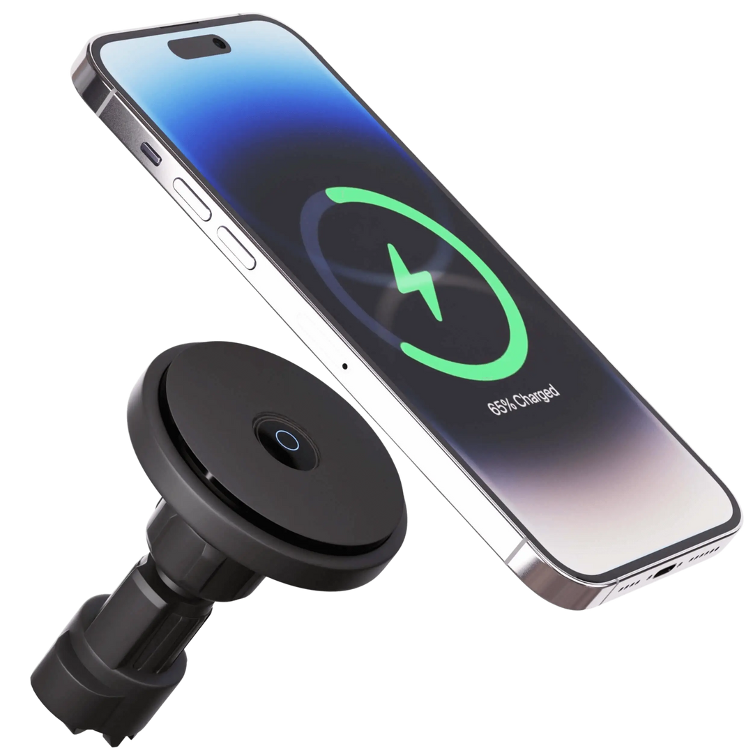 "Wireless MagSafe car charger and phone mount for iPhone, sleek design, strong magnetic hold, seamless interior fit."
