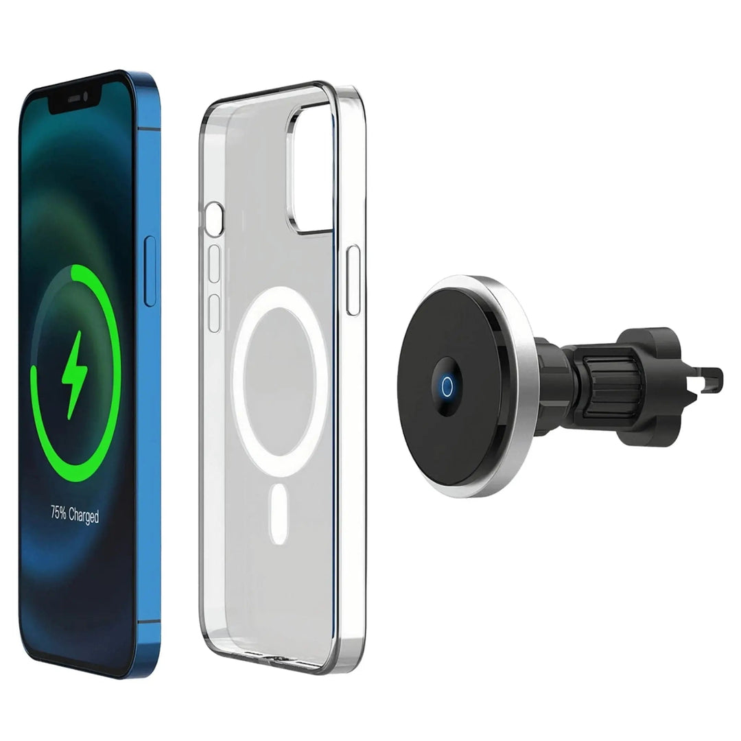 "Wireless MagSafe car charger and phone mount for iPhone, sleek design, strong magnetic hold, seamless interior fit."