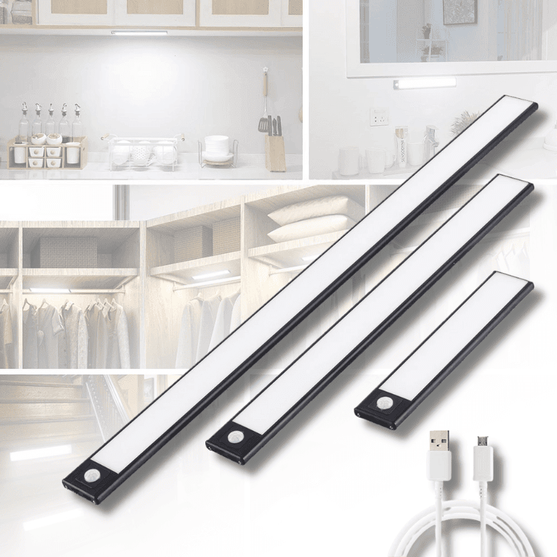 Wireless motion sensor LED strip light, USB rechargeable, perfect for under cabinet, closet, or accent lighting at home.