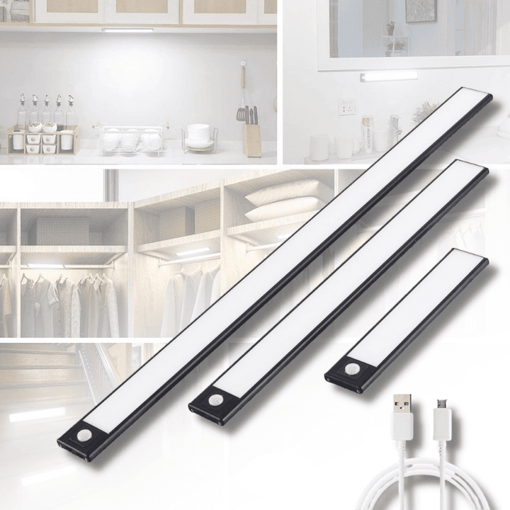 Wireless motion sensor LED strip light, USB rechargeable, perfect for under cabinet, closet, or accent lighting at home.