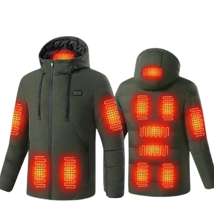 Stay warm in cold weather with this women's 11-zone heated puffer jacket, featuring a protective hood.