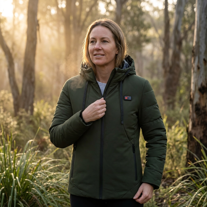Insulated women's heated puffer jacket with hood, 11 heating zones for superior thermal warmth.