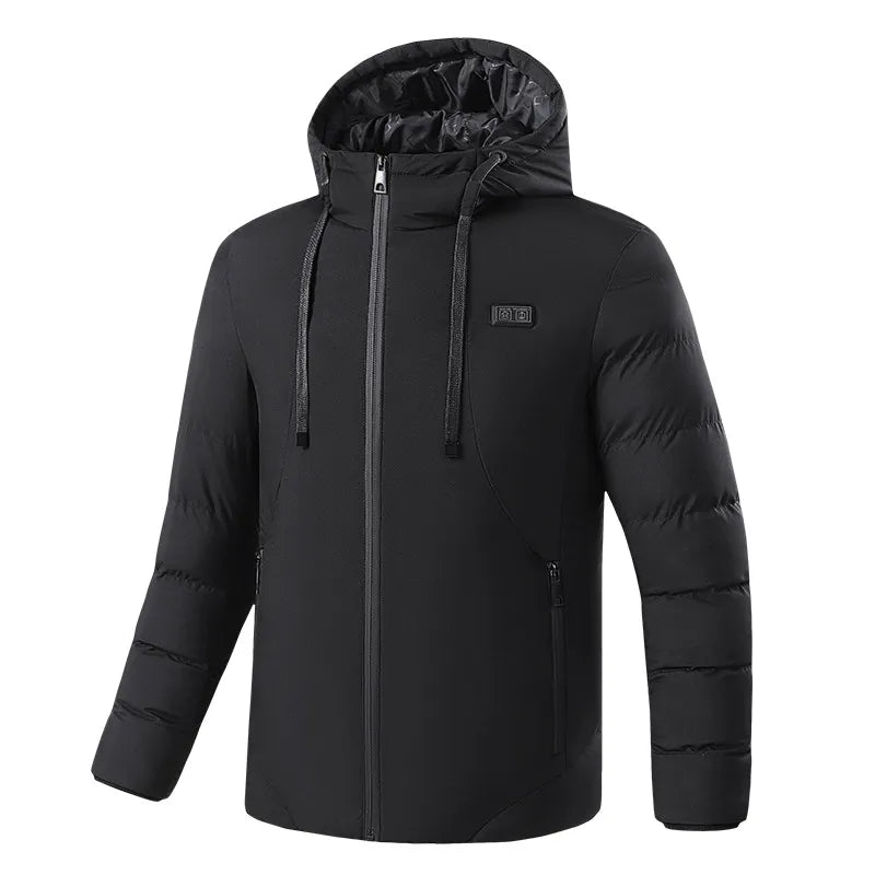 Stylish women's heated puffer jacket with a cozy hood, perfect for outdoor winter activities.