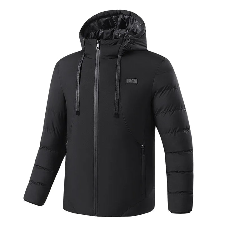 Stylish women's heated puffer jacket with a cozy hood, perfect for outdoor winter activities.