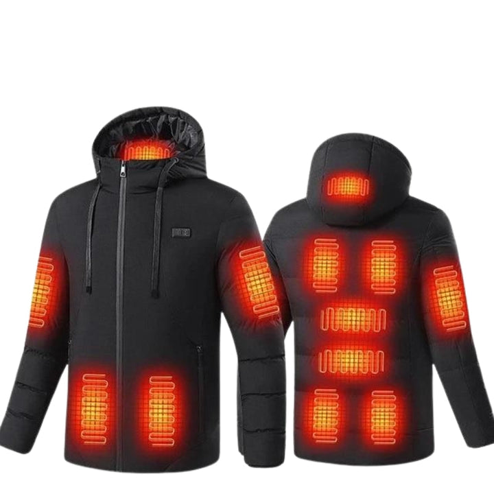 Ultra-warm 11-zone heated puffer jacket for women, designed with a protective hood for severe cold.