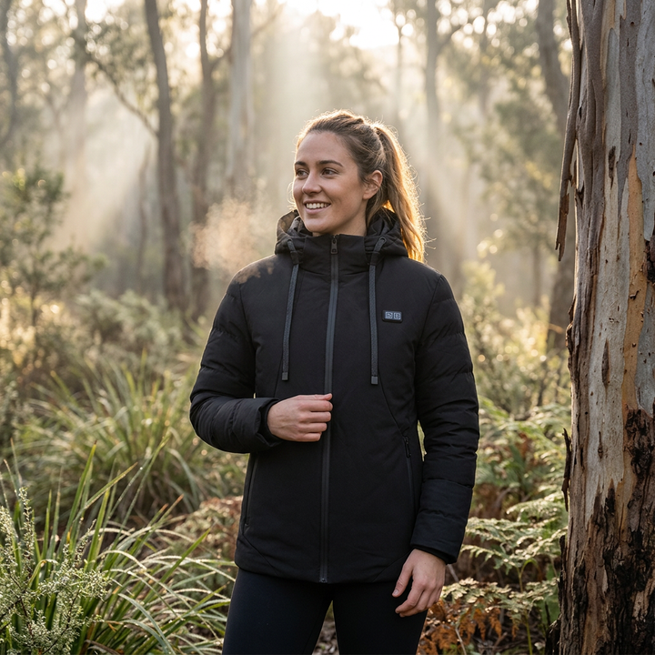 Women's activewear heated puffer jacket with hood, ideal for outdoor adventures in cold winter weather.