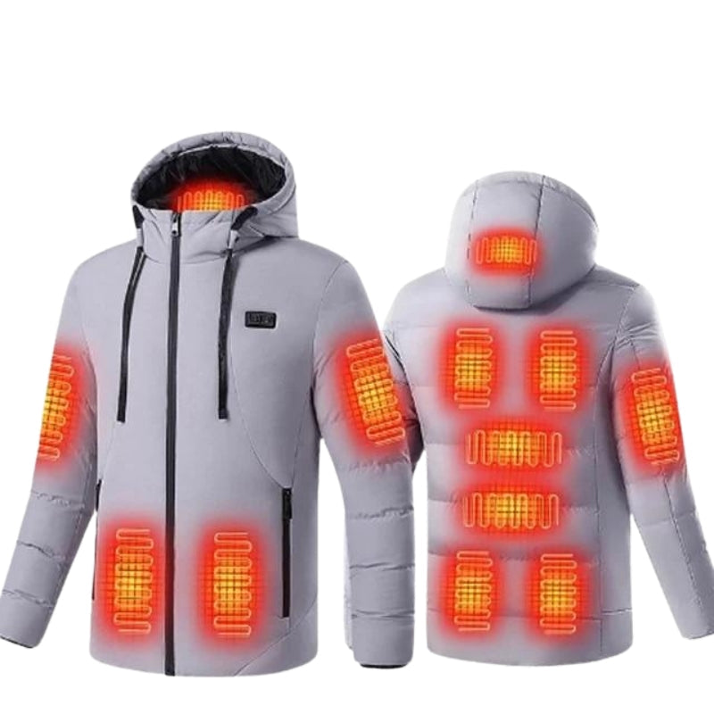 Women's hooded heated puffer jacket, a warm and insulated winter coat for extreme cold.
