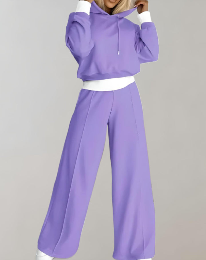 Chic women's wide-leg loungewear set including a cozy hoodie and elegant wide-leg trousers for home or errands.