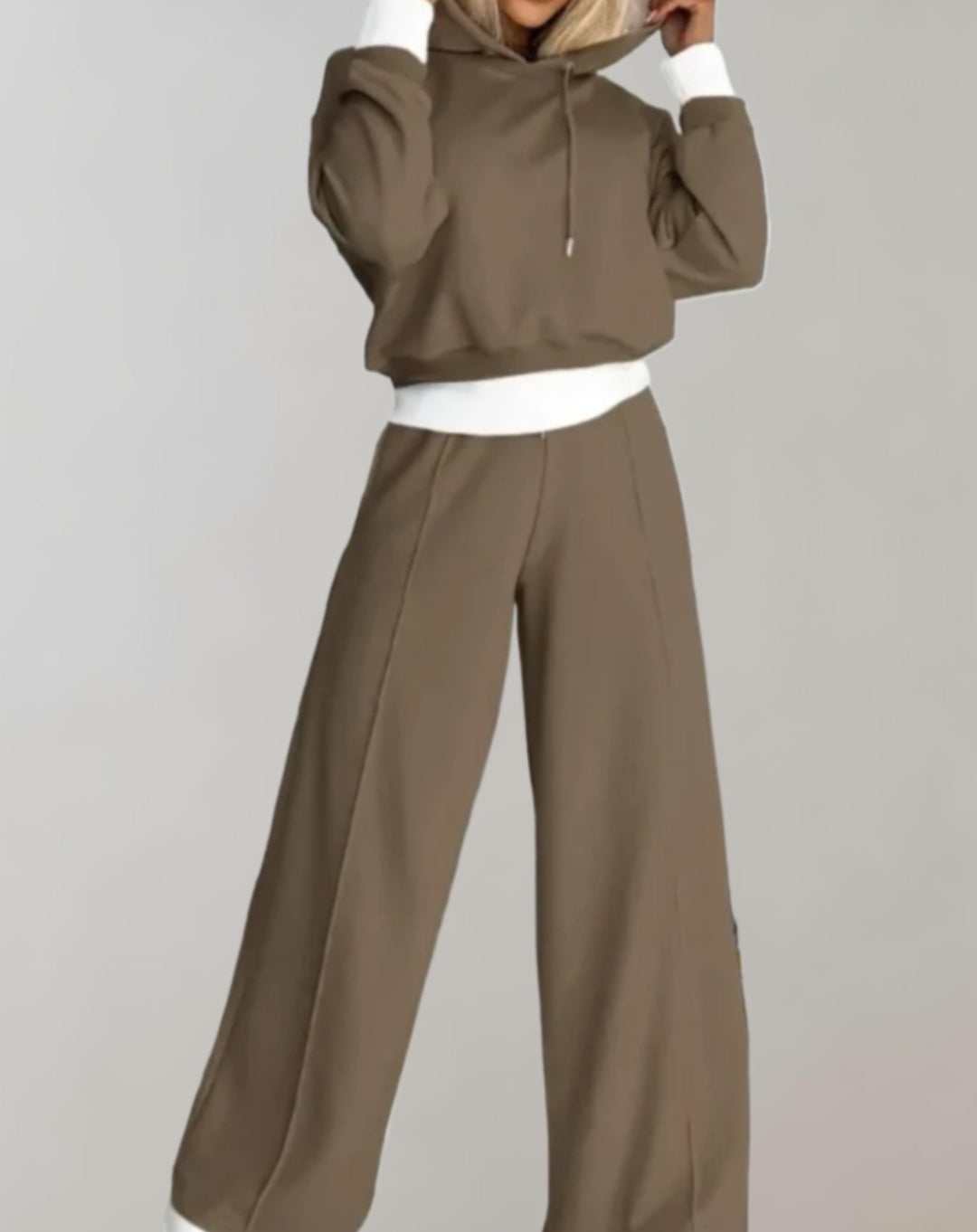 Athleisure-inspired women's tracksuit set: hooded top and wide-leg pants, offering ultimate comfort and style.