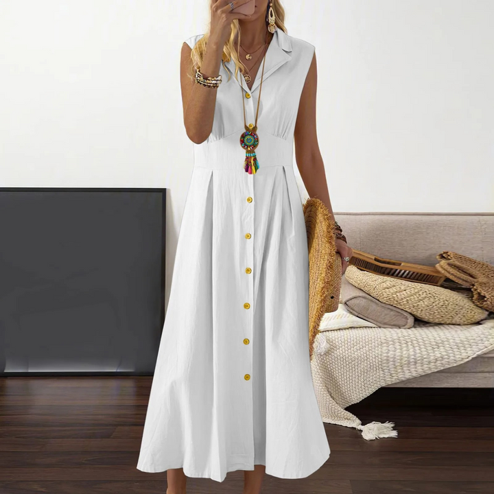 Women's A-line midi dress, sleeveless, collared V-neck, button-down front. Perfect for chic summer style in cotton blend.
