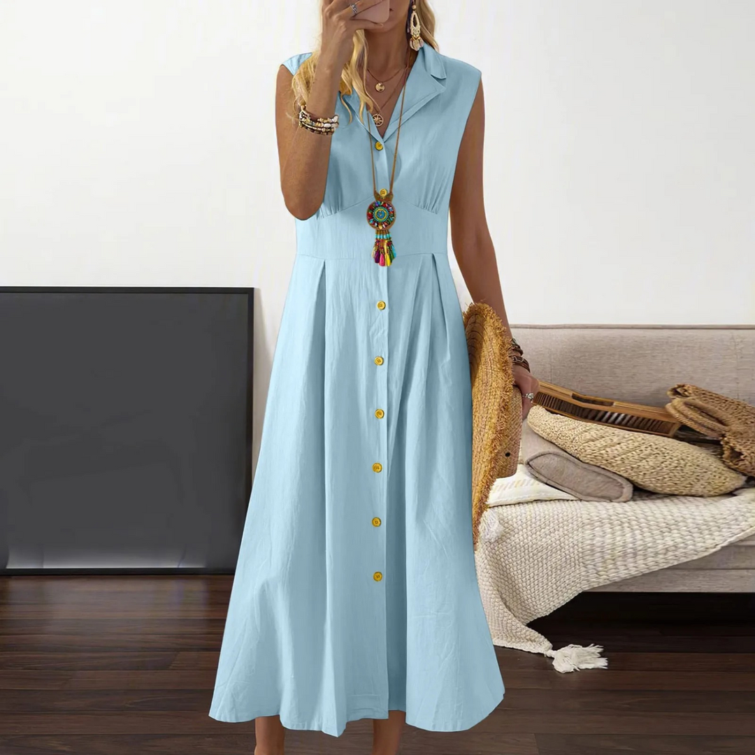 Elegant women's sleeveless A-line midi dress with V-neck collar & button front. Versatile cotton blend for casual or chic.